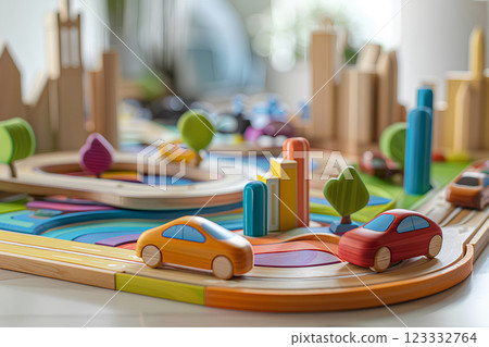 可愛的木製街道和汽車 可愛的木製街道和汽車 123332764