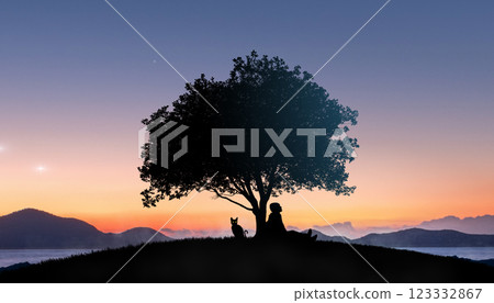 a boy with a cat watching the stars in night sky, fantasy landscape a boy with a cat watching the stars in night sky, fantasy landscape 123332867