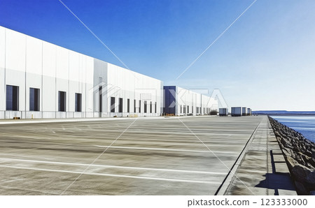 concrete parking lot and warehouse located near the sea, adjacent to a port. 123333000