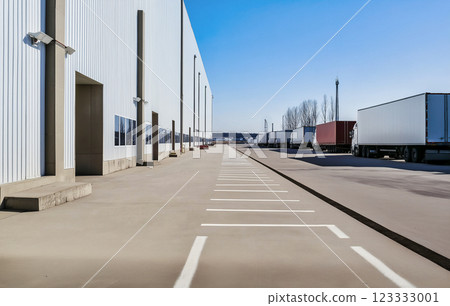 concrete parking lot and warehouse with trucks 123333001