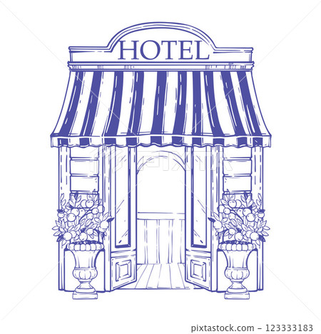 Hotel entrance line illustration, vector hand drawn building facade door, vintage architecture icon. 123333183
