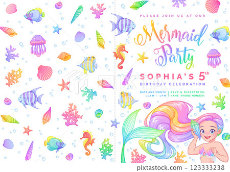 Mermaid birthday party invitation folded card vector template. Mermaid birthday party invitation folded card vector template. 123333238