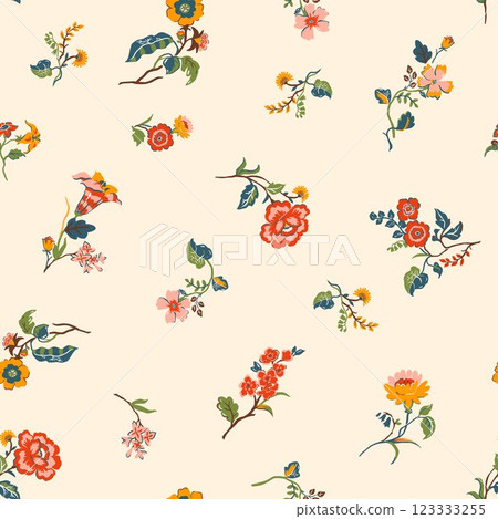 Seamless Millefleurs Floral vector Pattern with Small Hand-Drawn Flowers in Liberty Style. Vintage Spring Bouquet Design for Fashion Prints. Vertical floral wallpaper 123333255