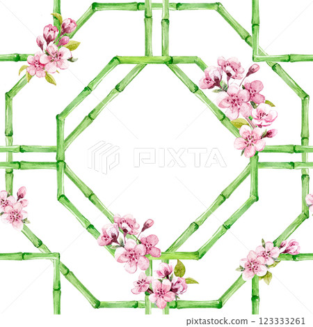 Beautiful seamless pattern with hand drawn bamboo lattice in vacation style. Ready print design. 123333261