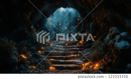 Enchanted Underground Cave with Glowing Fireflies and Mystical Light for Fantasy Art, Adventure Games, and Storytelling Inspiration 123333358