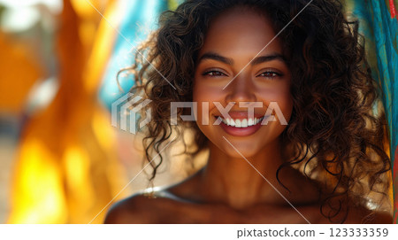 Radiant Young Afro Latina Woman with Curly Hair Smiling in Sunlight for Beauty Campaigns, Self Love Promotions, and Summer Lifestyle Content Radiant Young Afro Latina Woman with Curly Hair Smiling in Sunlight for Beauty Campaigns, Self Love Promotions, and Summer Lifestyle Content 123333359