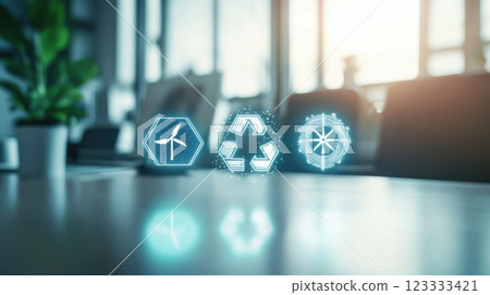 Sustainable energy solutions and recycling symbols in modern office setting. Net zero and carbon neutral concept 123333421
