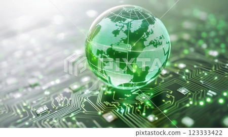 Sustainable technology concept with green globe and circuit board for eco-friendly innovations. Net zero and carbon neutral concept 123333422