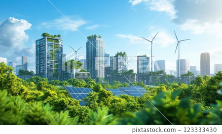 Sustainable urban cityscape with solar panels and wind turbines under clear sky. Net zero and carbon neutral concept Sustainable urban cityscape with solar panels and wind turbines under clear sky. Net zero and carbon neutral concept 123333430