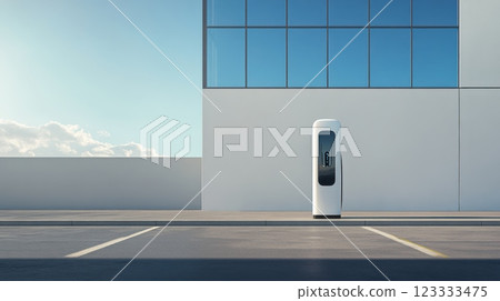 Modern electric vehicle charging station in minimalist urban setting. Net zero and carbon neutral concept 123333475
