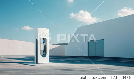 Electric vehicle charging station in minimalist urban environment. Net zero and carbon neutral concept 123333476