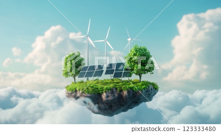 Sustainable energy island with wind turbines and solar panels in cloudy sky. Net zero and carbon neutral concept 123333480