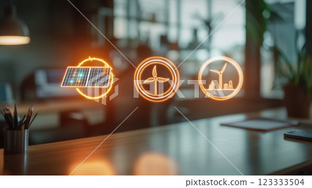 Renewable energy concept with solar panel and wind turbine icons for sustainable design. Net zero and carbon neutral concept Renewable energy concept with solar panel and wind turbine icons for sustainable design. Net zero and carbon neutral concept 123333504