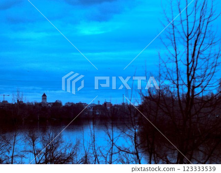 beautiful landscape with river and forest in morning 123333539