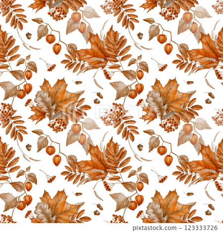 Seamless pattern of autumn maple leaves,physalis,mountain ash with oak leaves and a bunch of rowan berries.Watercolor seamless pattern on transparent background Seamless pattern of autumn maple leaves,physalis,mountain ash with oak leaves and a bunch of rowan berries.Watercolor seamless pattern on transparent background 123333726