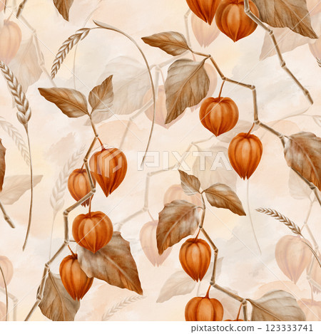 Seamless pattern physalis orange branch with leaves and buds and spikelets of wheat.Decorative plant element for pumpkin harvest festival and Thanksgiving day,Halloween.With beige background 123333741