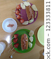 Ham sandwich and fruit plate 123333811