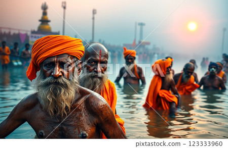 Hindu holy men praying in the Ganges River. The concept of spirituality, devotion, and sacred rituals in Hindu culture. Generative AI. 123333960