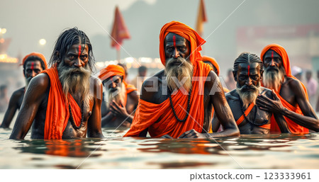 Hindu holy men praying in the Ganges River. The concept of spirituality, devotion, and sacred rituals in Hindu culture. Generative AI. 123333961