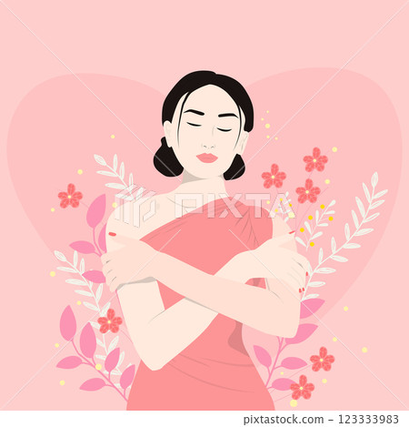 Asian girl hug herself. Selflove concept. Asian girl hug herself. Selflove concept. 123333983