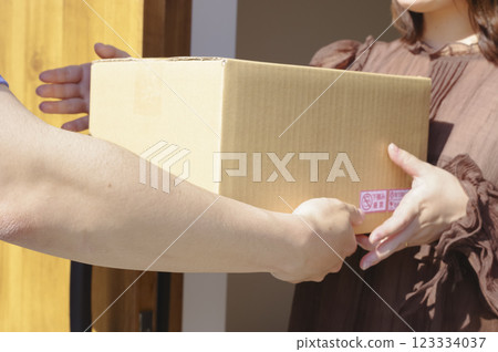 A woman and a delivery staff member receiving a package at the front door 123334037