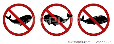 Vector set of prohibition signs with black silhouettes of whales isolated from background. Collection of prohibition signs with fish. Vector set of prohibition signs with black silhouettes of whales isolated from background. Collection of prohibition signs with fish. 123334208