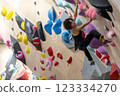 fit woman exercising on climbing wall in gym 123334270