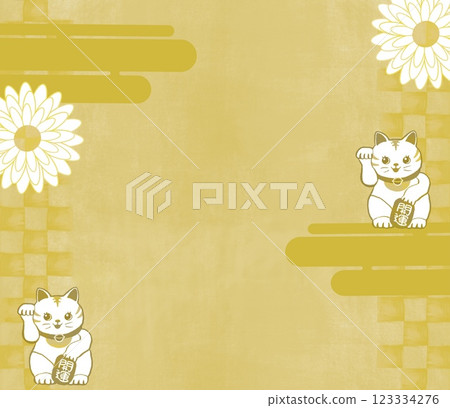 Background illustration featuring white chrysanthemum flowers and two beckoning cats on a gold background! 123334276