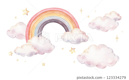 Hand drawn watercolor illustration of the stars and clouds for Baby shower invitations or nursery wall art. Drawing sky with Rainbow for conveying a dreamy, mystical atmosphere for kids greeting cards Hand drawn watercolor illustration of the stars and clouds for Baby shower invitations or nursery wall art. Drawing sky with Rainbow for conveying a dreamy, mystical atmosphere for kids greeting cards 123334279
