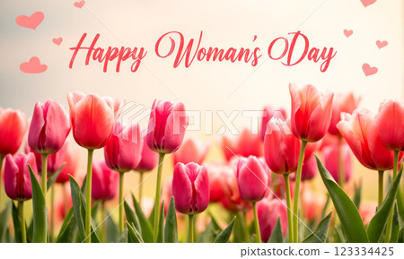 Happy Women's Day greeting card with pink tulips, floral background, romantic hearts, spring holiday, festive web banner, bright flowers, beautiful nature, celebration, feminine design Happy Women's Day greeting card with pink tulips, floral background, romantic hearts, spring holiday, festive web banner, bright flowers, beautiful nature, celebration, feminine design 123334425