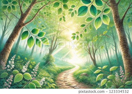 Spring, sunlight filtering through the trees, forest path 123334532