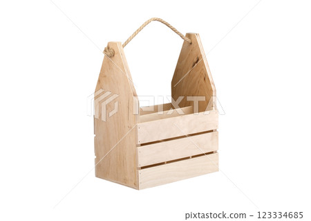 Wooden box with a rope handle on a white background. Storage box Wooden box with a rope handle on a white background. Storage box 123334685
