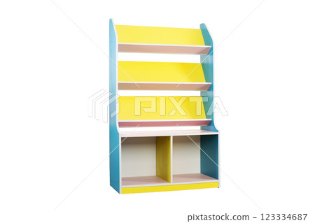 Multi-colored wardrobe with shelves on a white background 123334687