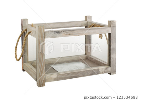 Wooden box with glass on a white background 123334688