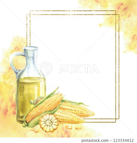 Glass bottle and corn oil gold framed on watercolor yellow splashes spotted background. Fresh sweetcorn, maize cob whole, cut cobs and kernels. Hand drawn illustration isolated from background 123334812
