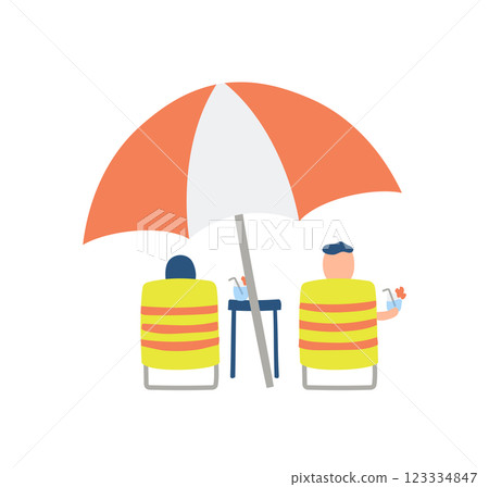 Illustration of a couple relaxing under a beach umbrella 123334847