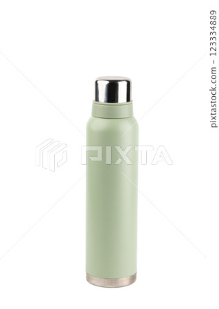 close-up on white background there is a large thermos of soft olive color with a metal lid for a large company heat-resistant travel set modern minimalistic design close-up on white background there is a large thermos of soft olive color with a metal lid for a large company heat-resistant travel set modern minimalistic design 123334889