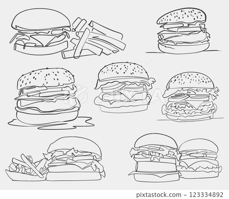 A black and white drawing of a hamburger set on a white background. Vector collection. 123334892