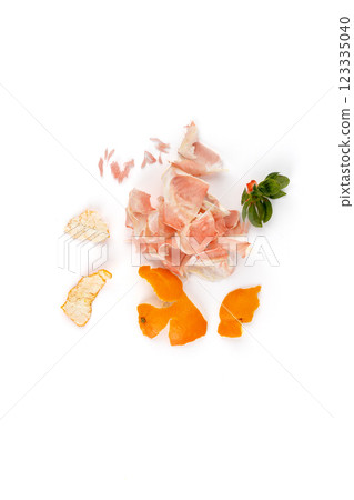 top shot on white background lies the peel of a peeled tangerine and pink pamela and strawberries natural fertilizer environmentally friendly product vitamin C seedless madarines top shot on white background lies the peel of a peeled tangerine and pink pamela and strawberries natural fertilizer environmentally friendly product vitamin C seedless madarines 123335040