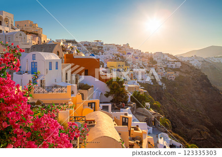 Panoramic view of Oia village at Santorini island, Greece 123335303