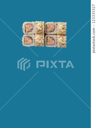 on blue background lies a set of sushi with rice and seafood avocado sushi sprinkled with white sesame professional Japanese cuisine kitchen sushi without shadow on blue background lies a set of sushi with rice and seafood avocado sushi sprinkled with white sesame professional Japanese cuisine kitchen sushi without shadow 123335327