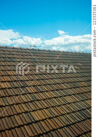 Brick roofs shining against the blue sky (European landscape) 123335361