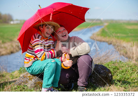 Two boy friends laugh under an umbrella in the rain. Children got caught in the rain outdoors. Two boy friends laugh under an umbrella in the rain. Children got caught in the rain outdoors. 123335372