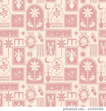 Patchwork tropical pattern featuring silhouettes of arches and frames, palm trees, hibiscus, palm leaves, leopards, and elegant vintage vases. Includes whimsical elements and bow 123335391