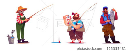 Fisherman cartoon characters with caught fish Fisherman cartoon characters with caught fish 123335481