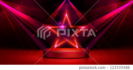 Neon red glowing star shape on stage Neon red glowing star shape on stage 123335486