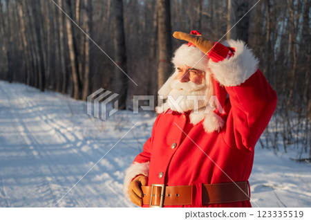 Santa Claus walks through the winter forest. Santa Claus walks through the winter forest. 123335519