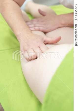 Anti-cellulite manual massage of thighs.  123335837