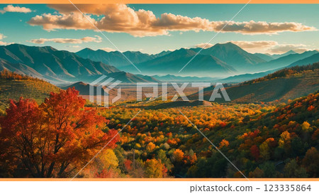 The mountains of Kitadaisetsu dyed in autumn leaves 123335864