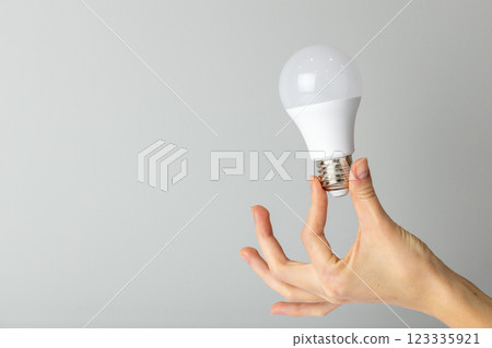 close-up on white background from the side, a woman's thin hand holds a white light bulb with a wide base, economical energy consumption, neutral color, lighting element close-up on white background from the side, a woman's thin hand holds a white light bulb with a wide base, economical energy consumption, neutral color, lighting element 123335921